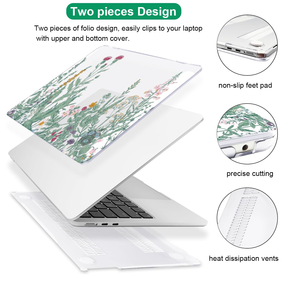 LCMOCICO for MacBook Air 13 Inch Case 2026 2025 2024 2023 2022 Release M5 A3449 M4 A3240 M3 A3113 M2 A2681, Scratch Resistant Plastic Hard Shell Case for MacBook Air 13.6 M5, Green Plants Flowers