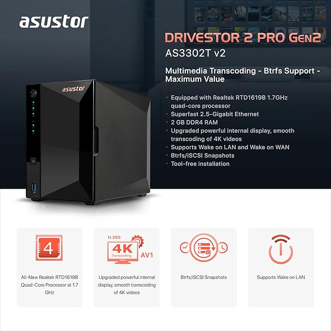 Asustor Drivestor 2 Pro Gen2 AS3302T v2, 2 Bay NAS, 1.7GHz Quad-Core, 2.5GbE Port, 2GB RAM DDR4, Small Home Media Server, Network Attached Storage Device (Diskless)