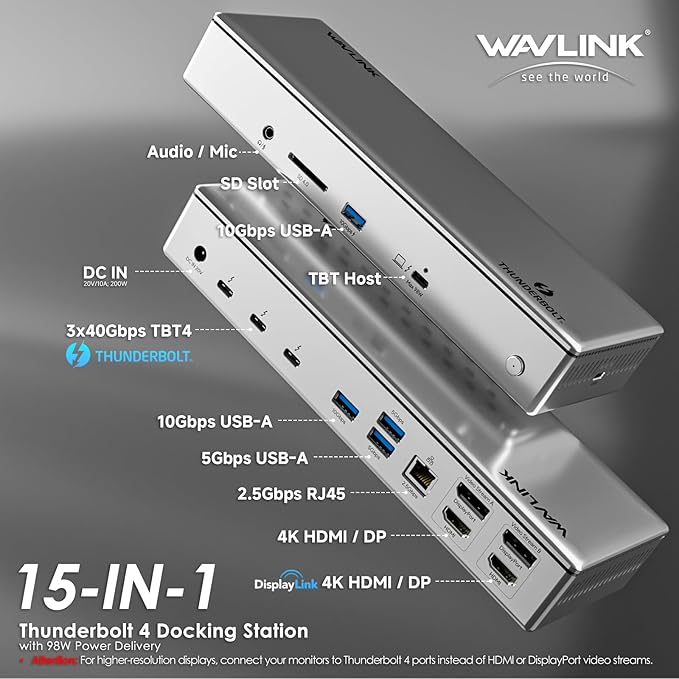 WAVLINK Thunderbolt 4 Dock, Docking Station with Quad 4K@60Hz Monitors