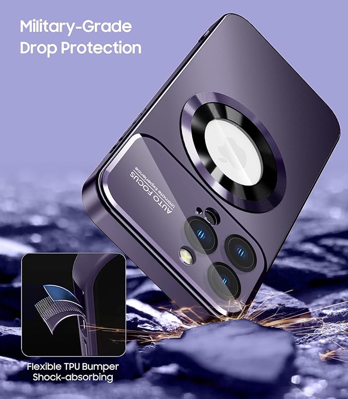 Magnetic for iPhone 13 Pro Case, Built-in Camera Lens Protector, Compatible with MagSafe, Logo View, Military Grade Protective Phone Cover, Purple