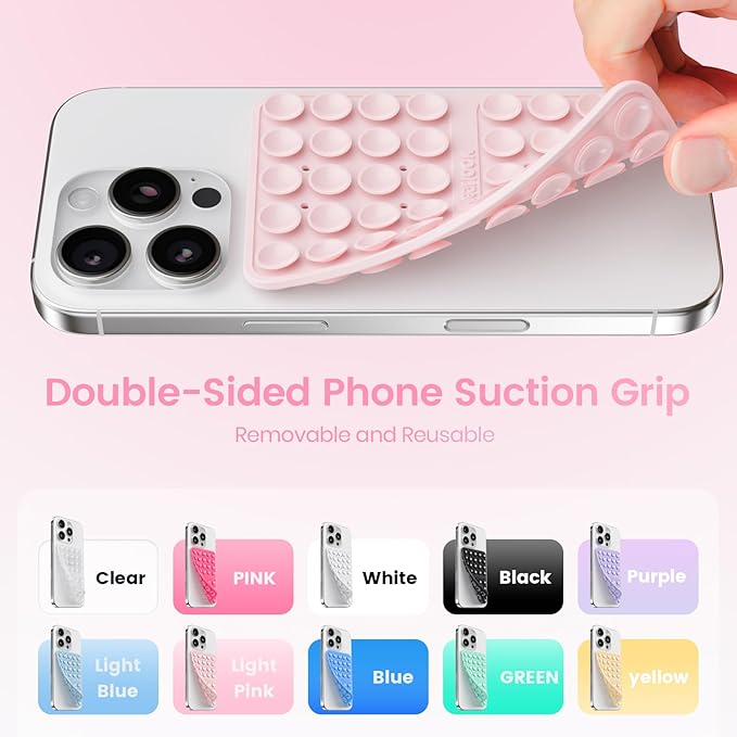 2PCS Silicone Suction Cup Phone Case Mount Double Sided, Hands-Free Phone Accessories Holder for Selfies and Videos, Silicon Sticky Phone Grip for iPhone and Android, Transparent&Light Pink