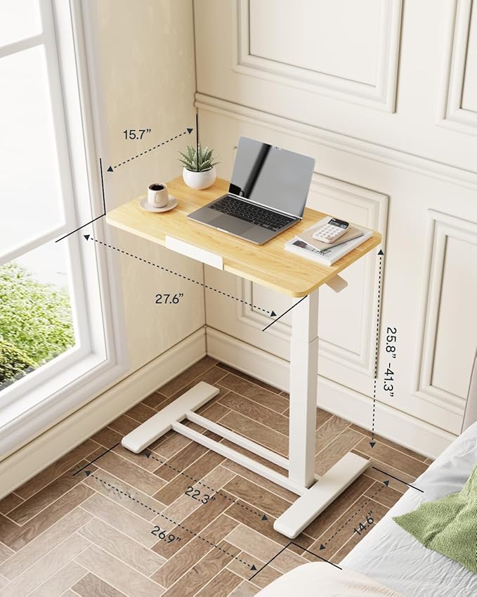 FLEXISPOT H7 PRO Mobile Standing Desk Adjustable Overbed Table Pneumatic with Wheels 90°Tiltable Portable Laptop Desk Rolling Computer Cart Foldable Bedside Table(27.6" W x 15.7" D, Maple)
