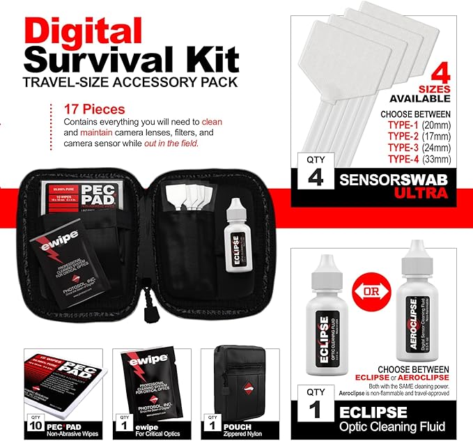 Photographic Solutions Digital Survival Kit - Type-1 (20mm) Sensor Swab, PEC-PAD Photo Wipes, E-Wipe Packet, Eclipse Optic Cleaning Fluid - Camera Cleaning Kit with Travel Bag