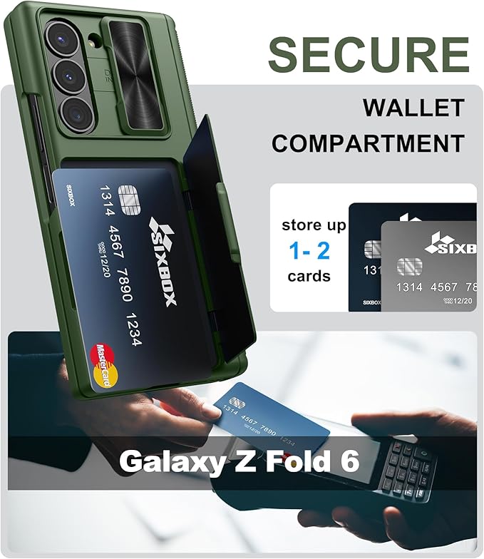 for Samsung Galaxy Z Fold 6 Case with Card Holder & Slide Camera Lens Cover & Hinge Protection & Screen Protector, Heavy Duty Full Body Protective Phone Cover Case for Galaxy Z Fold 6, Green