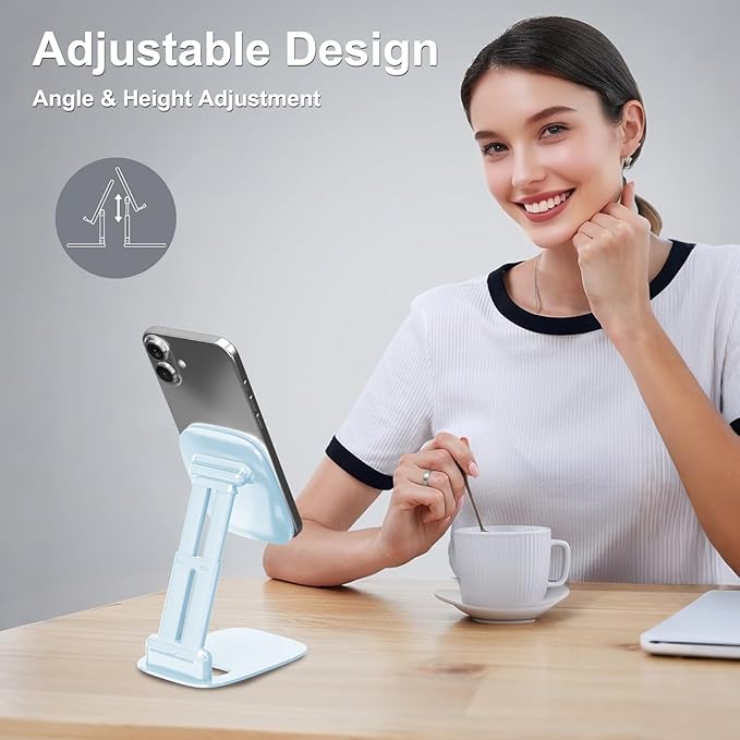 DEERLAMN Cell Phone Stand for Desk, Height Adjustable Cell Phone Holder Portable Desktop Stand, Travel Home Office Desk Accessories Compatible with iPhone 16/15/14/13/12/11 All Smartphone - Light Blue