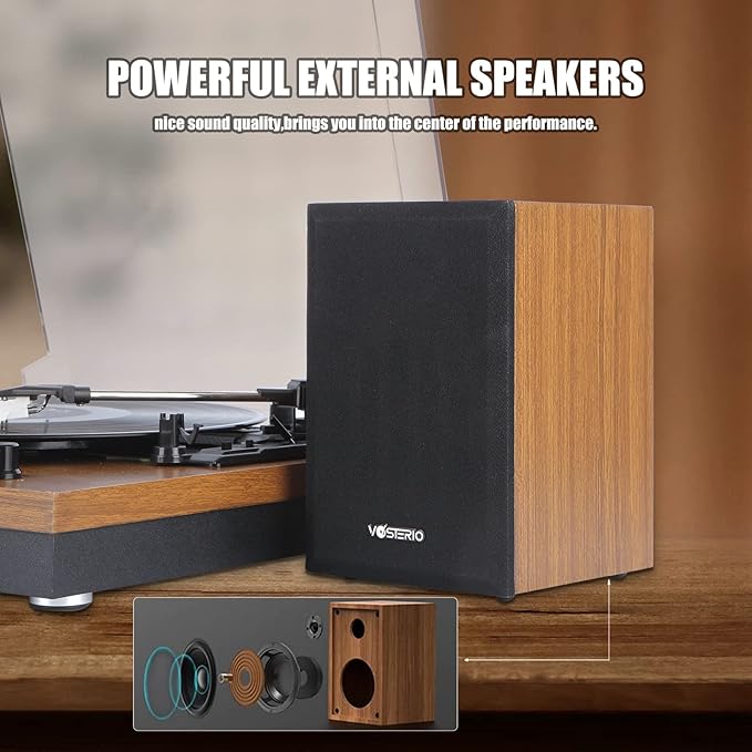 Bluetooth Record Player, 3-Speed Belt-Driven Turntable with Bluetooth Input& Output, Aux-in, Two 15W External Speakers, Retro Vinyl Player, Walnut