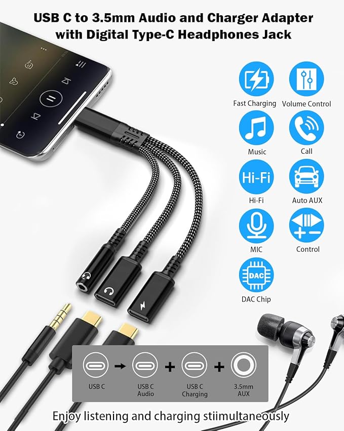 tavalmax USB C Splitter,USB C to 3.5mm Headphone and Charger Adapter,USB Type-C Digital Audio Headset/OTG Converter with 60W PD Fast Charging Dongle Cable for iPhone16/15, iPad, MacBook, Galaxy, Pixel