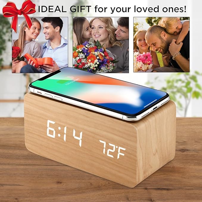 OCT17 Alarm Clock with Qi Wireless Charging Pad Compatible with iPhone Samsung Wood LED Digital Clock Sound Control Function, Time Date, Temperature Display for Bedroom Office Home - Wood