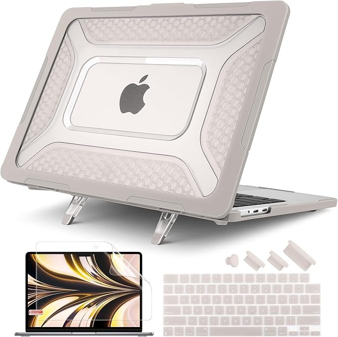 Batianda Case for New MacBook Air 13.6 inch 2025 M4 2024 2022 Release A3240 A3113 A2681 Model,Honeycomb Heavy Duty Protective Hard Shell with TPU Bumper Fold Kickstand & Keyboard Cover, Rock Gray