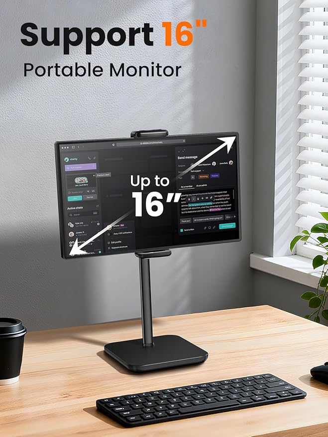 tounee Height Adjustable Tablet Stand, 3.5lb (1.6kg) Max Support, Up to 18" Tall, Slim Portable Monitors Stand Compatible with iPad Pro 12.9, Surface Pro, All 4.7"-15.6" Devices - Black