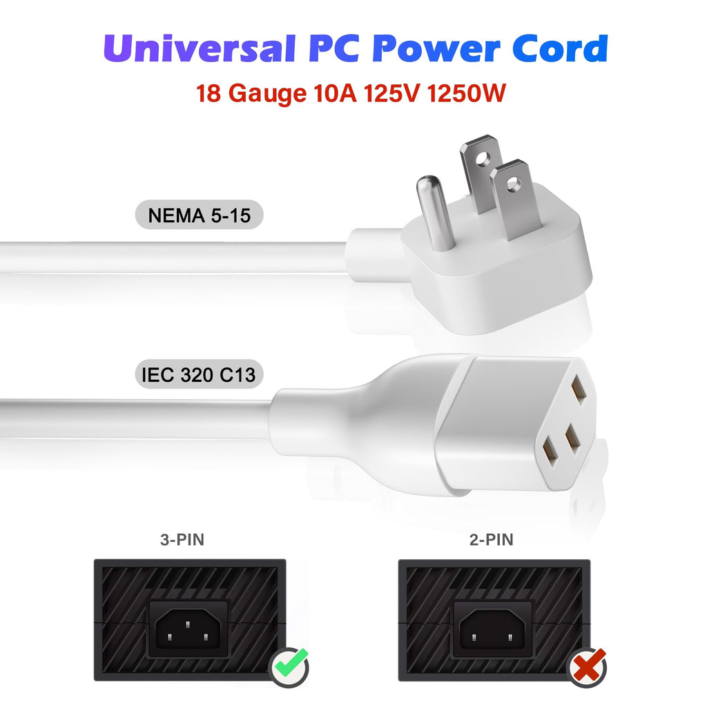 Adoreen 4 Ft Computer TV Replacement Power Cord White, Low Profile Flat Plug 18AWG 3-Prong AC Universal Power Supply Cable NEMA 5-15P to IEC 320 C13 for Printer, PC, Monitor TV LCD, ETL+Ties