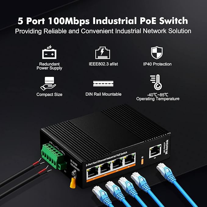 MokerLink 5 Port PoE Industrial DIN-Rail Network Switch, 60W IEEE802.3af/at PoE Power, 10/100Mbps Fast Ethernet, IP40 Rated Network Switch (-40 to 185°F), with UL Power Supply