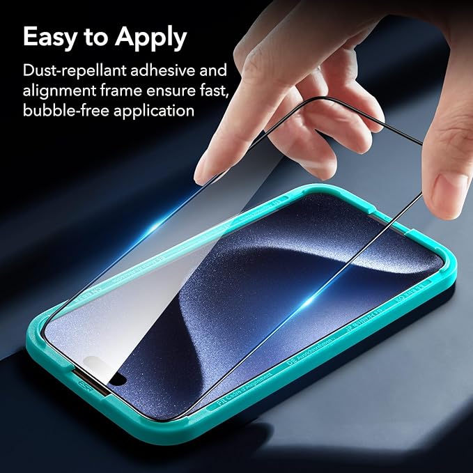 ESR 3+1 Pack for iPhone 15 Pro Screen Protector, [9H Hardness] [Military Grade Shatterproof] Full Coverage Ultra-tough Tempered Glass Film with Easy Installation Frame, 1 Set of Camera Lens Protector