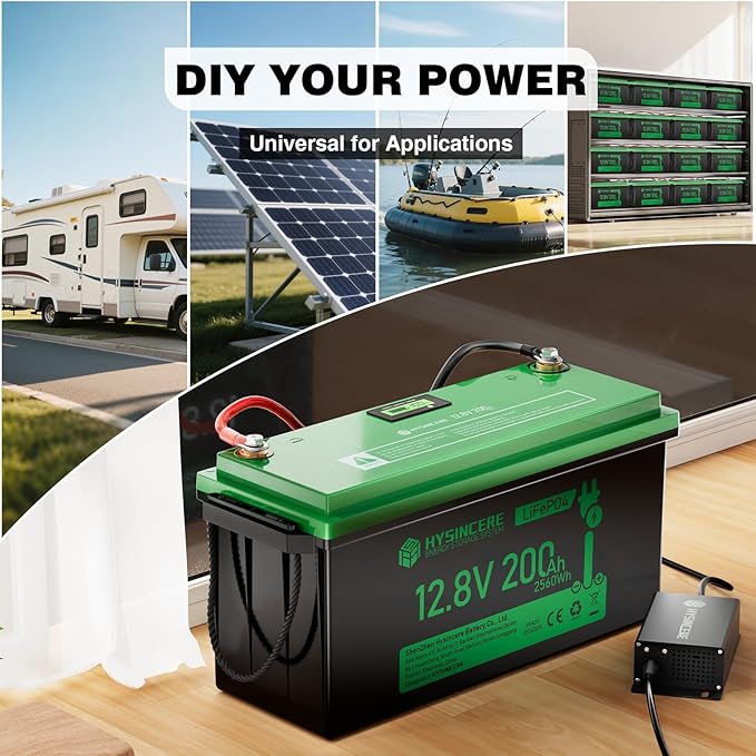 12V 200Ah LiFePO4 Lithium Battery with 2560Wh Energy, Built-in 200A BMS, Discharge Current (3S) up to 400A, 10 Years Lifetime 15000+ Cycles, Perfect for RV Solar Energy Storage Marine Trolling Motor