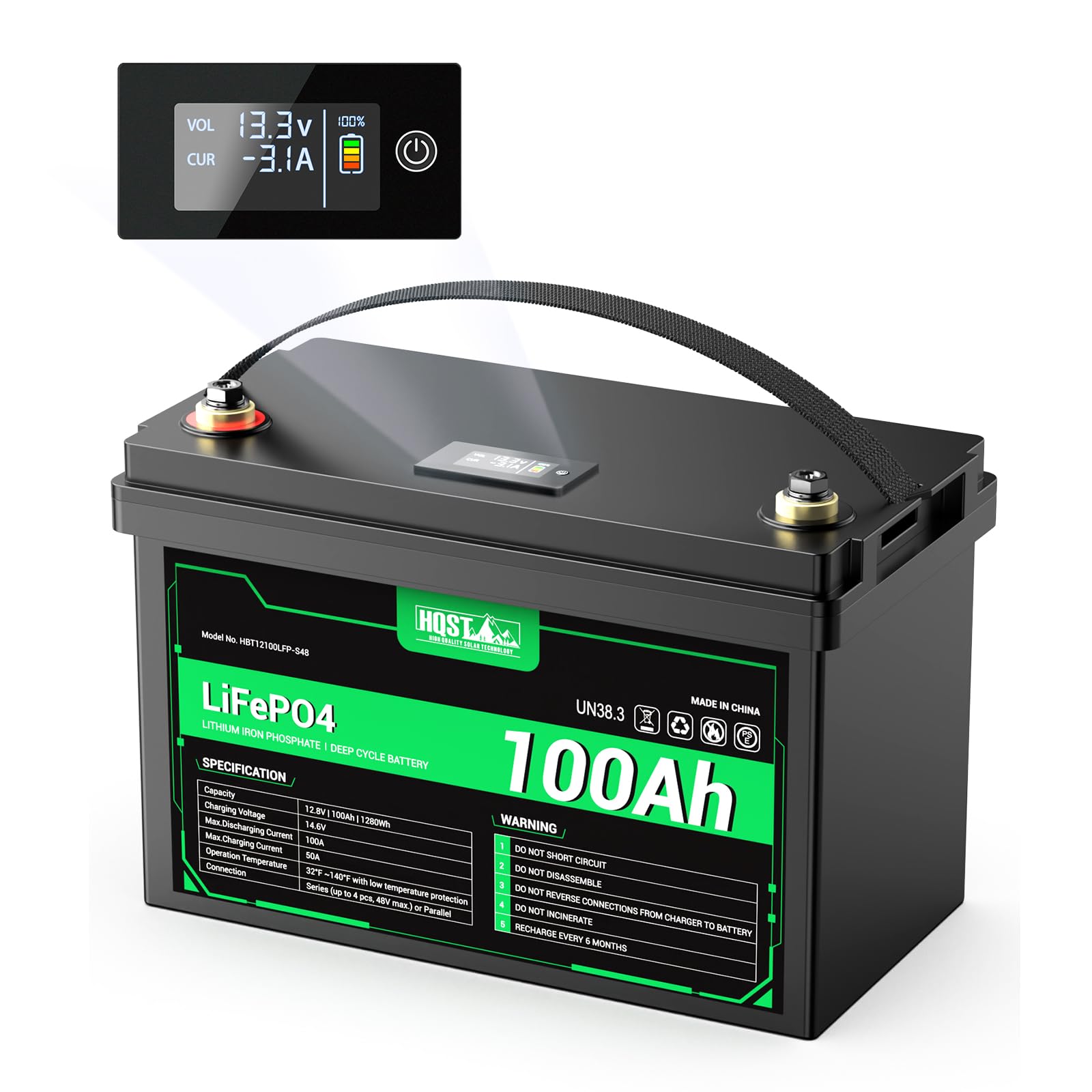 HQST 12V 100Ah LiFePO4 Battery, 1280Wh, LED Display, Built-in BMS