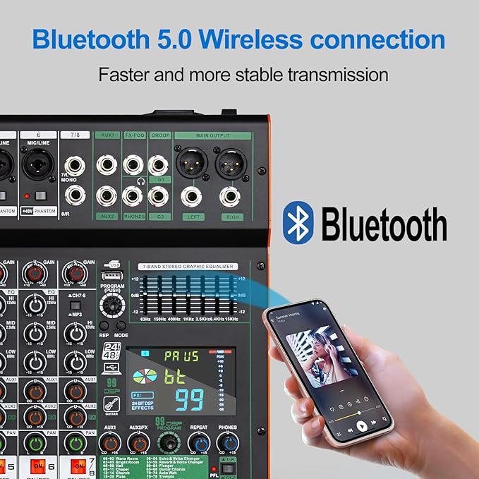 Depusheng TG8 professional dj audio mixer 8 channel input and dual group output with 99-bit dps reverb chip bluetooth usb recording and mp3 playback suitable for stage, bar, recording studio