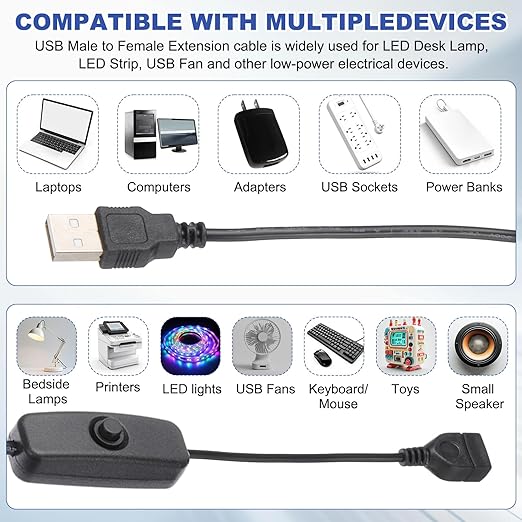 MECCANIXITY USB Extension Cable with ON/Off Button Switch 1m USB Male to Female Extension Cord for Desk Lamp Fan LED Light Strip Black Pack of 1
