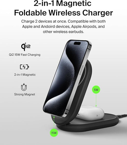 Belkin Qi2 15W Magnetic Wireless Charger, 2 in 1 Foldable, Non-Slip