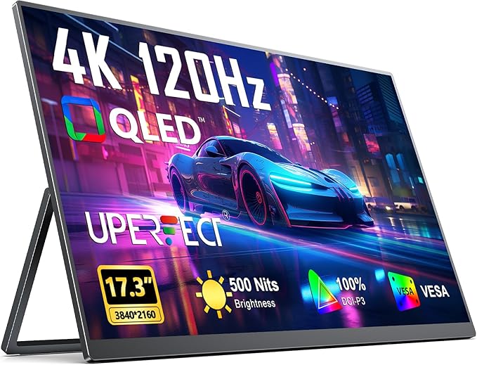 UPERFECT Portable Monitor 4K 120HZ QLED 17.3" | 0.1ms Gaming Monitor, 500 Nits | 3840 * 2160 UHD |100% DCI-P3 | USB-C & HDMI | VESA & Kickstand | Travel Screen for Laptop, Computer, Game Consoles