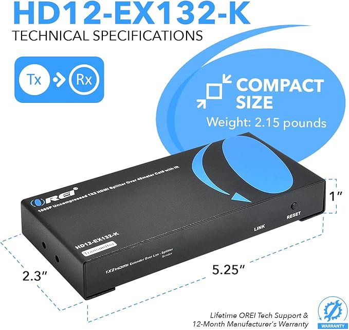OREI 1X2 HDMI Extender Splitter Over Single CAT6/7 Cable Uncompressed 1080P with EDID - Up to 132 Ft - Loop Out - Low Latency - 1 Input 2 Output 2 Channel Transmission