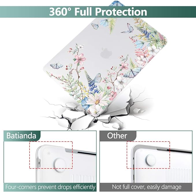 Batianda Case for MacBook Air 13 Inch M1 2020 2019 2018 Release Model A2337 A2179 A1932 with Retina & Touch ID, Floral Series Hard Shell Cover with Keyboard Cover & Screen Protector,Elegant Flowers