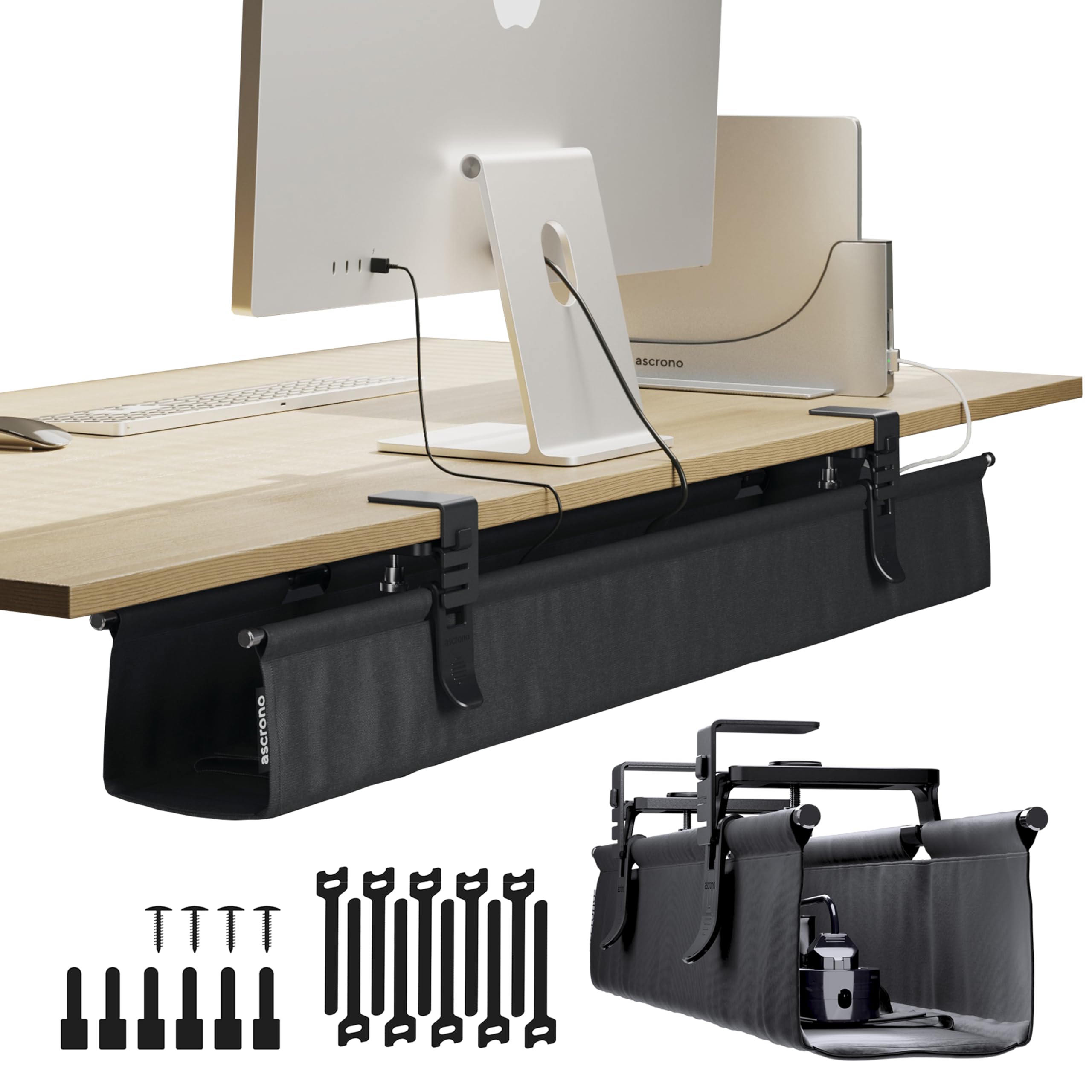 Ascrono Original No Drill Under Desk Cable Management Tray 40.6" - Premium Black Fabric Cable Management Under Desk - Clamp/Screw Mount Cord Organizer - Supports Upto 66lbs - Large