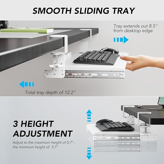 AX WABER Keyboard Tray Under Desk Pull Out with Extra Sturdy C Clamp Mount System, 27.3 (32.5 inch Including Clamps) x 11 Inch Slide-Out Platform Computer Drawer for Typing White AX01WW01
