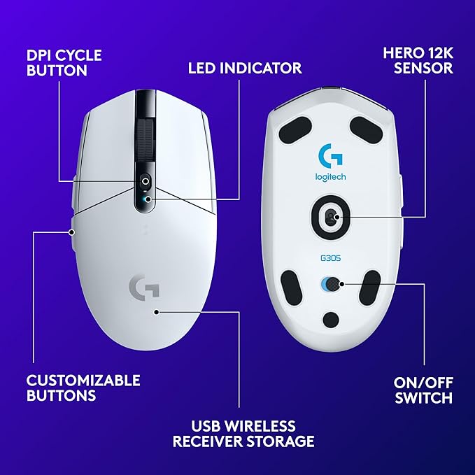 Logitech G305 LIGHTSPEED Wireless Gaming Mouse, Hero 12K Sensor, 12,000 DPI, Lightweight, 6 Programmable Buttons, 250h Battery Life, On-Board Memory, PC/Mac - White