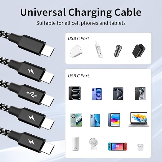 USB C Splitter Multi Charging Cable 2Pack, Dual Type C Charger Cord,4 in 1 Multiple Nylon Braided Cable with 4 Type-C Connectors Compatible with iPhone 15 Pro Max/Samsung Galaxy/Tablets/Google-5FT.