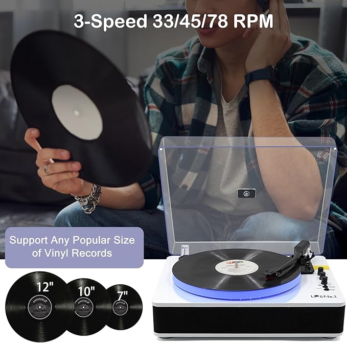 LP&No.1 Record Player with Built-in Stereo Speakers, LED Control, 3-Speed Belt-Drive Vinyl Turntable with USB Playback & Recording, Wireless BT Input & Output, Auto Stop, Pitch Control | White Pearl