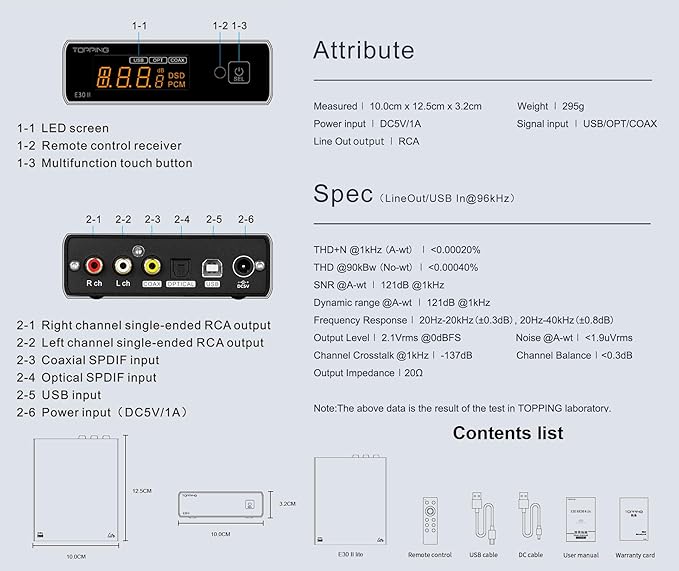 Topping E30II lite DAC Preamp - AK4493S Hi-Res XMOS XU208 DAC 32Bit/768kHz DSD512 DSD Direct Mode for USB/Coax/Opt Inputs RCA HiFi Stereo Digital Audio Decoder(Black)