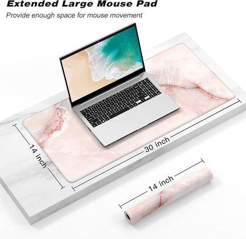 Atufsuat Extended Gaming Mouse Pad, XXL Large Mouse Mat 30 x 14 Inch, Big Computer Keyboard Mousepad, Waterproof Desk Pad with Stitched Edges and Non-Slip Base for Office Gaming, Light Pink Marble