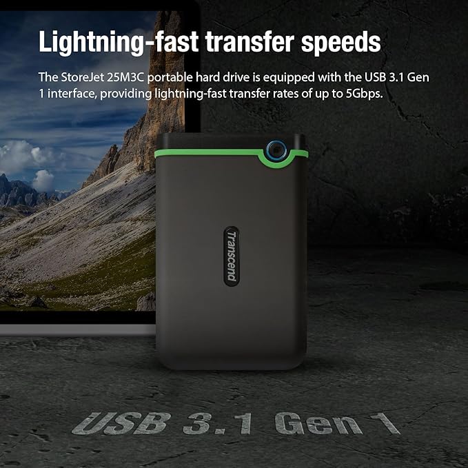 Transcend 4TB SJ25M3C, USB 3.1 Portable Hard Drive Rugged, Anti-Shock Resistant, Compact and Lightweight with Lightning-Fast Speeds, One Touch Backup Button, Type C, Iron Grey - TS4TSJ25M3C