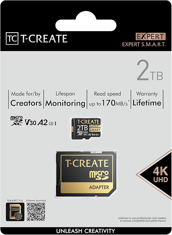 TEAMGROUP T-Create Smart A2 2TB Micro SDXC U3 V30 4K R/W Speed up to 160/150 MB/s High Speed Flash Memory Card for Creators, Compatible with GoPro, Insta360 TTCS2TIA2V3003