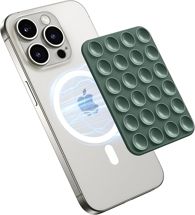GONEZ Magnetic Suction Cup Phone Mount for MagSafe Case, Removable Silicone Sticky Grip for iPhone 12/13/14/15/16, Hands-Free Selfies and Videos for TikTok & Instagram Influencer/Creator, Army Green