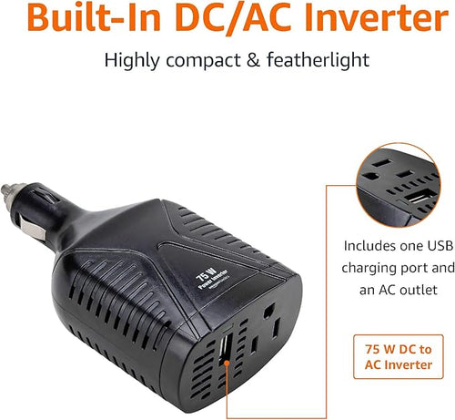 Amazon Basics 75W Portable Car Power Inverter, 12V to 110V, USB Charging Port, AC Outlet for Vehicles, Black, 5.07 x 2.65 x 1.6 inches