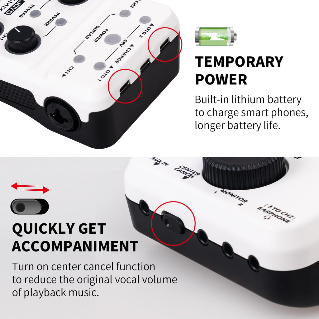 JOYO Portable Audio Mixer Rechargeable USB Audio Interface with 48V Phantom Power, Stereo Output for Live Streaming, Guitar & Vocals on iPad/Phone (MOMIX PRO)