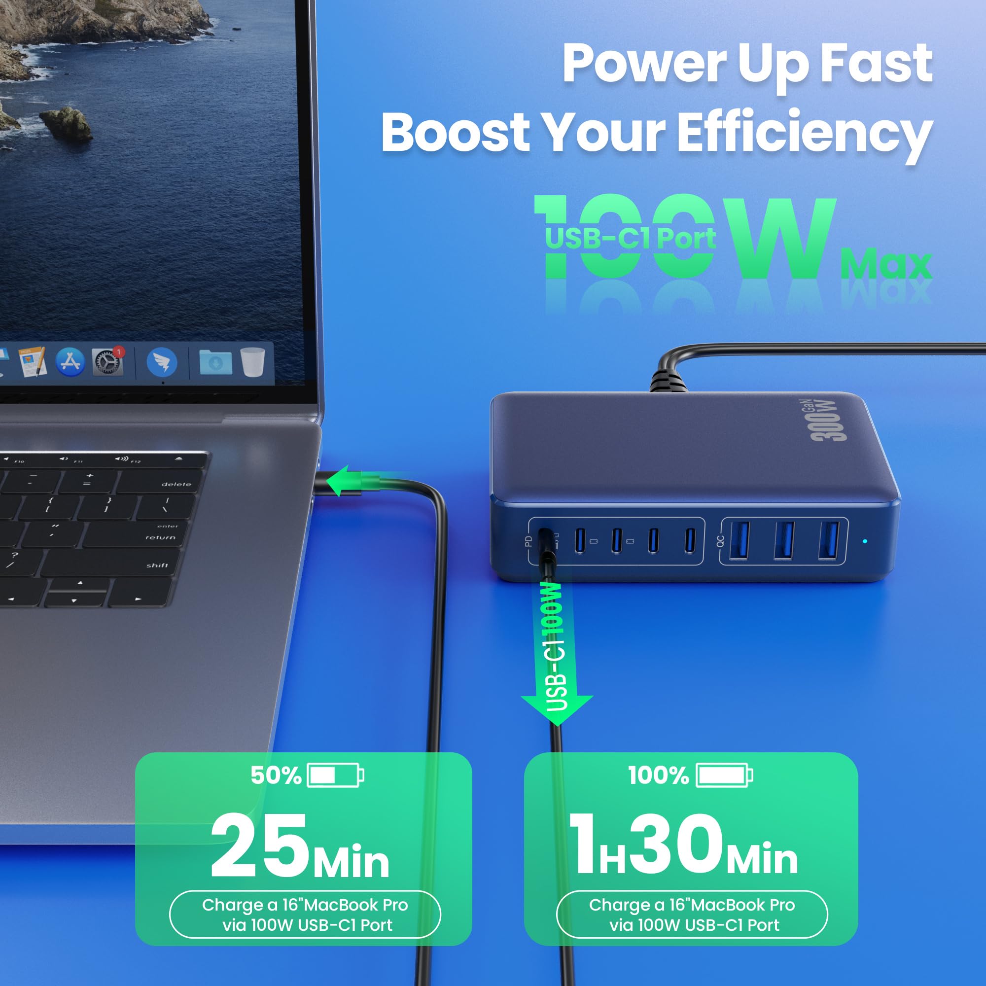 USB C Charger 300W USB C Charger Block 8-Ports GaN IV Fast Charging Station,PD 100W Laptop Charging Hub Wall Charge Adapter Compatible with MacBook/Air,DELL,Steam Desk,iPhone 16/15/14,Galaxy