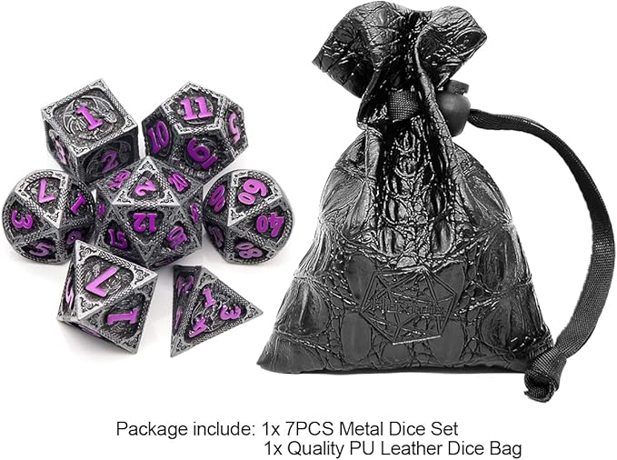 Haxtec Metal DND Dice Set Black Purple Dragon Pattern D&D Dice Set with Leather Dice Bag Metal Polyhedral Dice Compatible with Dungeons and Dragons TTRPG Gifts