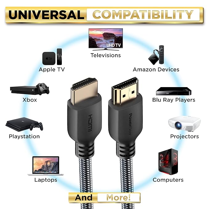 PowerBear 4K HDMI Cable 30 ft | High Speed Hdmi Cables, Braided Nylon & Gold Connectors, 4K @ 60Hz, Ultra HD, 2K, 1080P, ARC & CL3 Rated | for Laptop, Monitor, PS5, PS4, Xbox One, Fire TV, & More