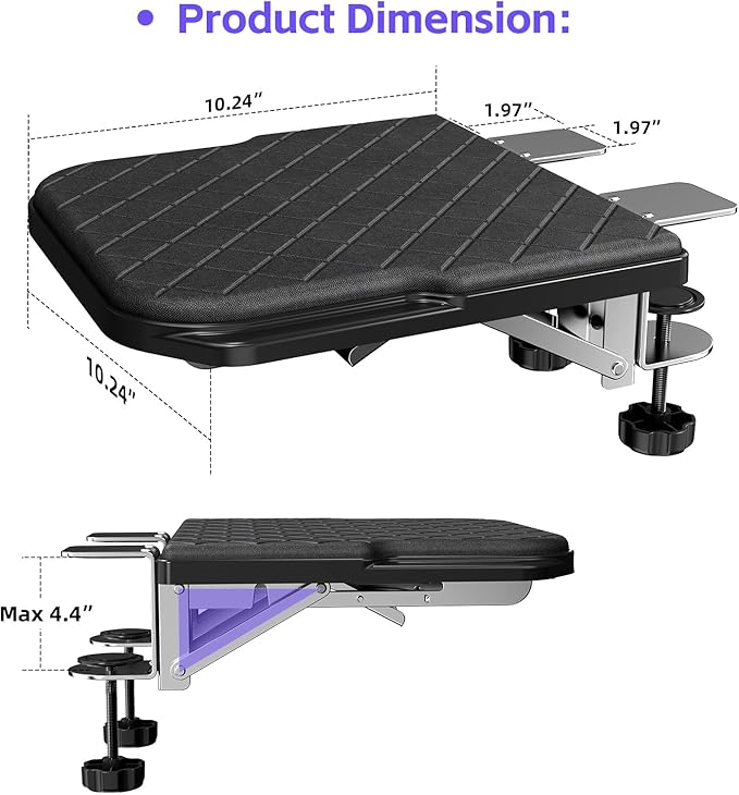 Arm Rest for Desk, 90°Foldable Computer Wrist Rest Shelf with Sponge Padding, Clamp on Arm Support, Ergonomic Sturdy Desk Extender for Office & Home, Durable & Easy to Install (Black)