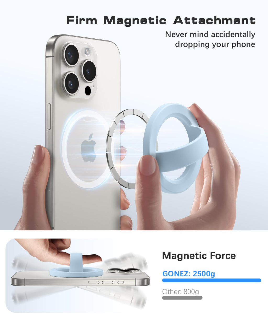 GONEZ Magnetic Phone Grip Compatible with MagSafe, Removable Silicone Loop Grip, Phone Ring Holder for Back of Phone for iPhone 17/16/15/14/13/12 Series, Blue