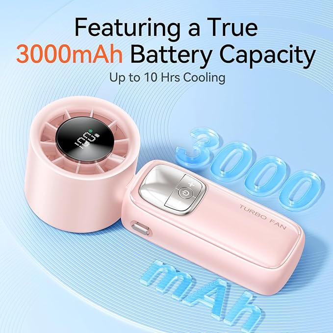 3-in-1 Portable Handheld Turbo Fan-100 Speeds, 15000 RPM, 10Hrs Cooling, LED Display, 90° Rotation, USB Rechargeable Battery Powered, Mini Foldable Hand Held Personal Fan for Women Men (Pink)