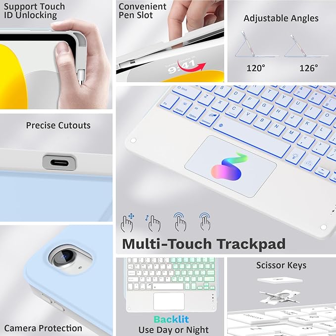MoKo Touch Keyboard Case for iPad (A16) 11th/10th Gen, Sky Blue