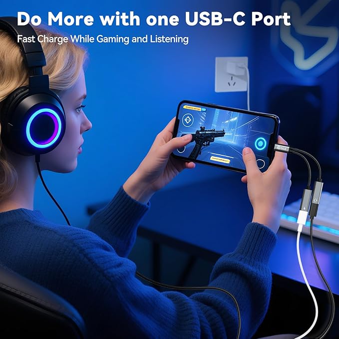 3PCS USB C Headphone Splitter,CCZ CA01 USB C to Type C Headphone Jack and Charger Adapter, 1 in 2 out Dongle Hi-Res DAC Audio Cable with PD 60W Fast Charging for Samsung Galaxy S25 S24 S23 (USBC-USBC)