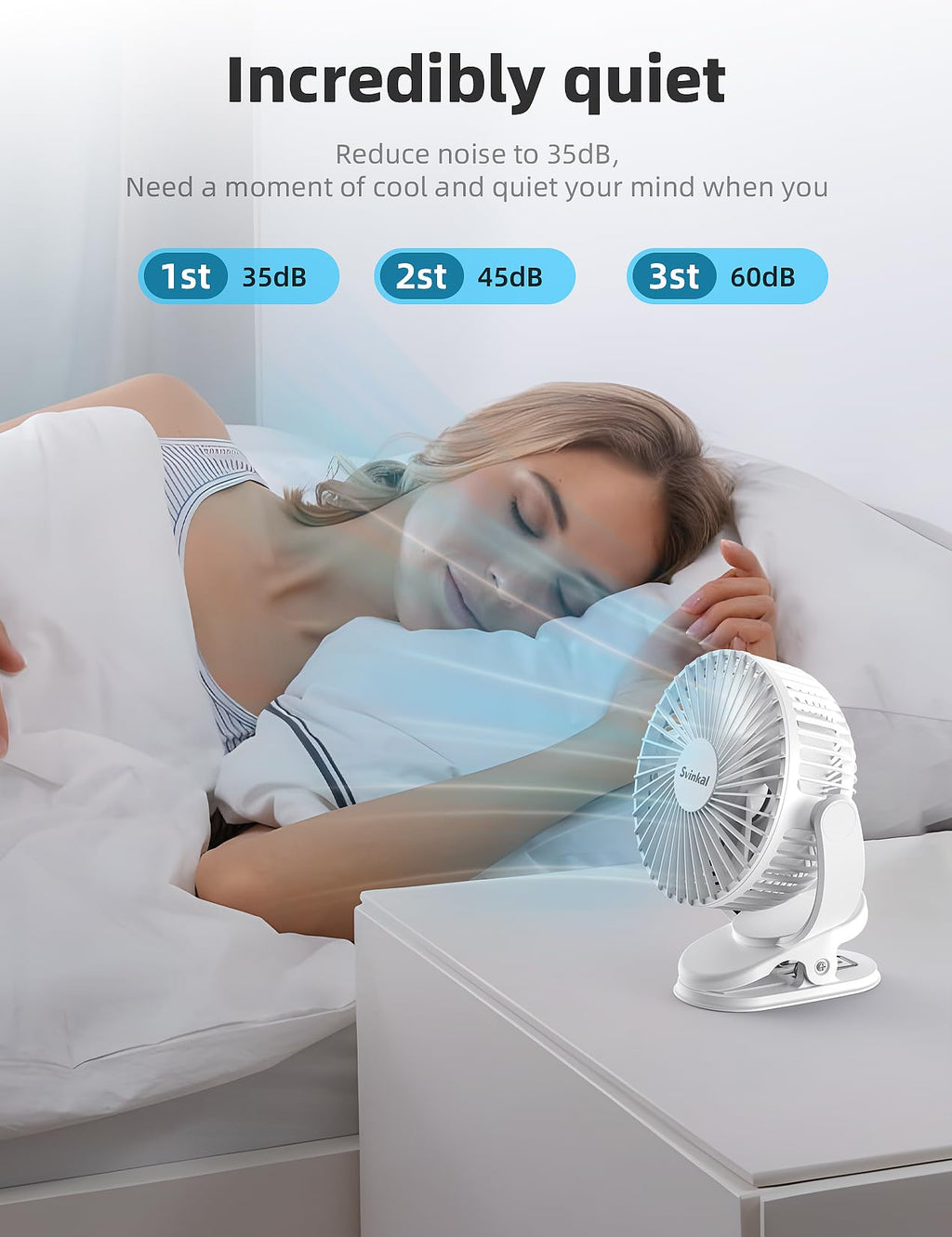 Svinkal usb Personal Clip on Fan 2400mAh Battery Operated 6in, Type C, 3 Speed, 720 adjustment, Small Portable Fan for Table, Bedroom, Desk, dormitory, Camping, Stroller, Golf Cart