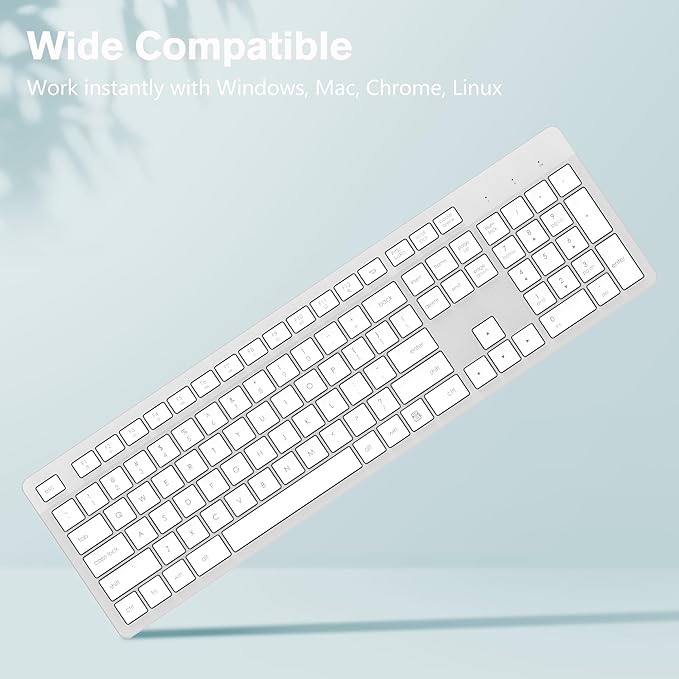 LeadsaiL Wireless Keyboard, 2.4GHz Full-Sized Ergonomic Computer Keyboard, Cordless Noiseless Keyboard,12 FN Shortcuts for Windows MacOS Laptop Computer - White and Grey
