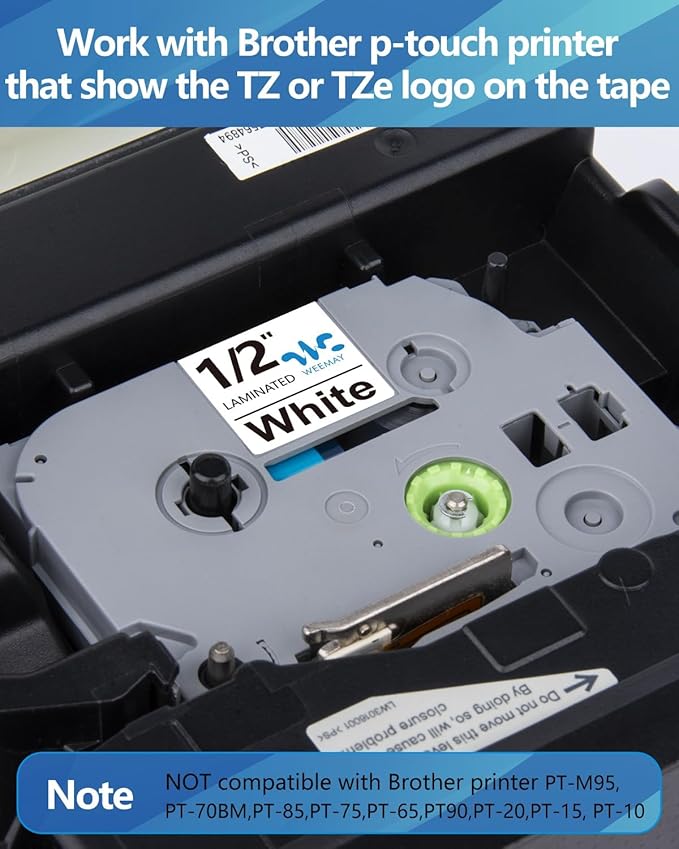 Weemay 1/2" Label Maker Refills Compatible for Brother Tze Tz Tape 12mm 0.47 Laminated White, for Ptouch Label Maker Machine Cube PTD210 PTP701BT PTD220 PTH110 PTH110BP PTH111 PTP750W PTD600, 10 Pack