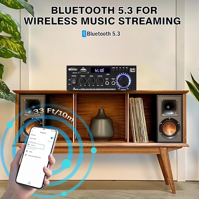 AK45Pro Stereo Receivers Amplifier Home Audio with Bluetooth 5.3, 400W,2.0 Channel Power Stereo Amplifier with USB,SD,RCA,FM,2MIC in for Home Theater Speakers,Home Amplifier with Remote Control