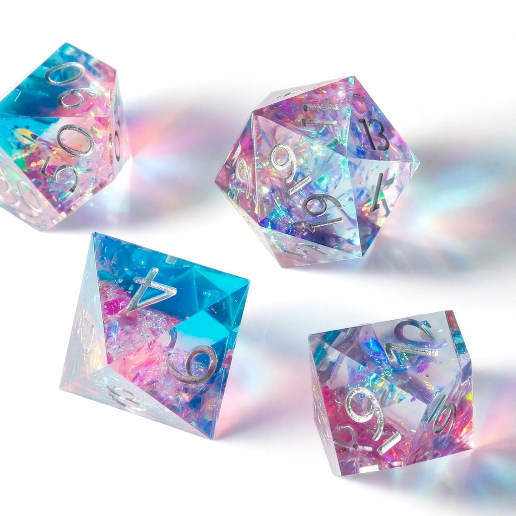 Haxtec Sparkling Sharp Edge Dice Set - Handmade Resin DND Dice with Iridescent Mylar Inclusion, Light Purple and Blue Color Mix-Enchanted Stardust